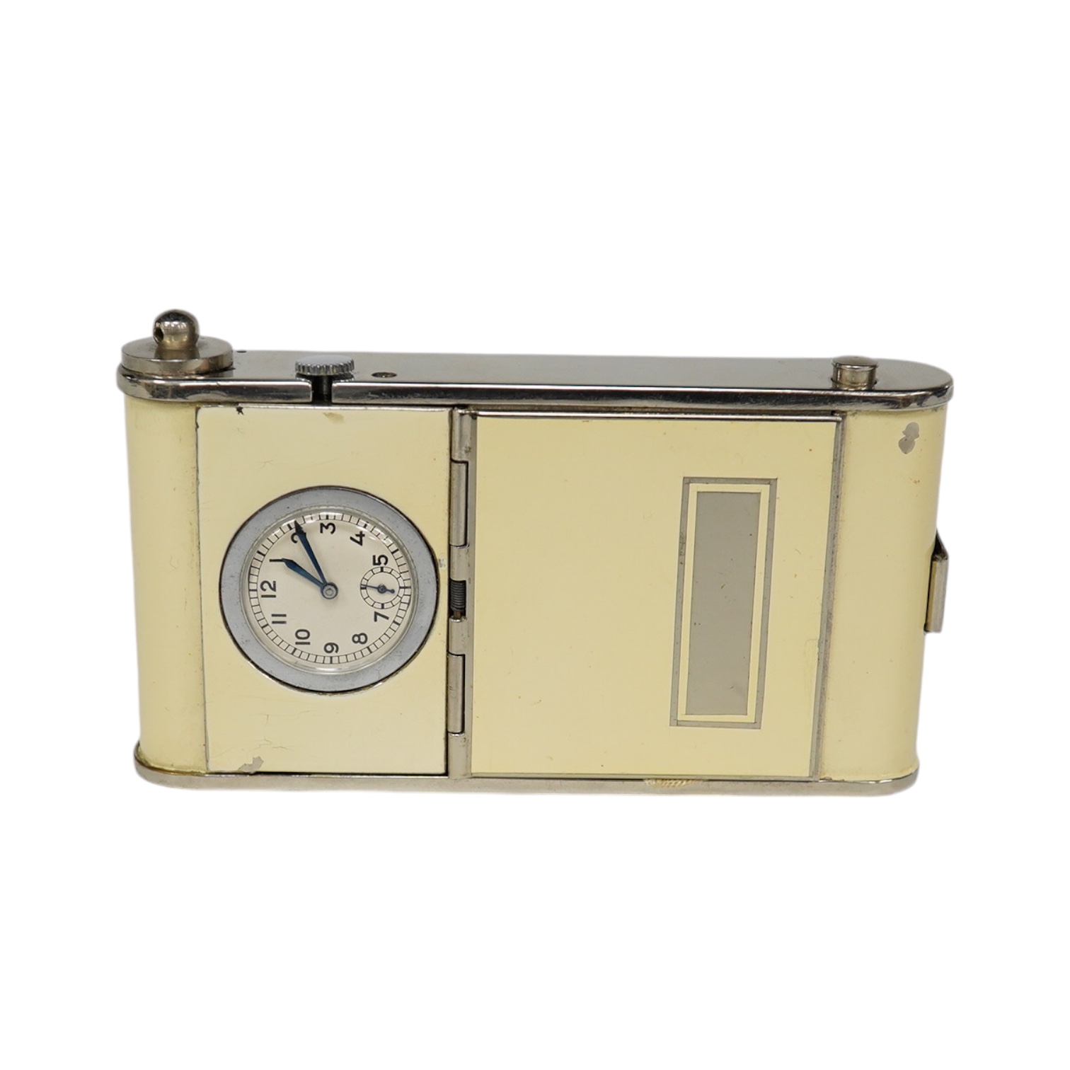 An Art Deco enamelled and chromed combined compact, a cigarette case and a timepiece, 9.5cm. Condition - minor flaking, movement going